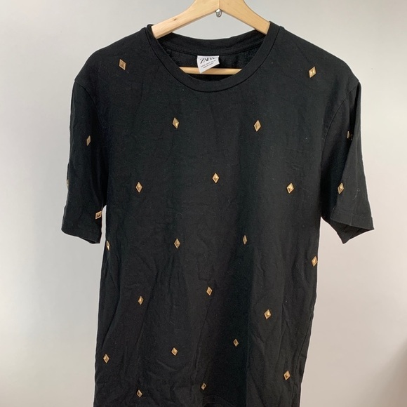 Zara Mens Diamond Studded Black Tee Shirt Medium M - Picture 2 of 7